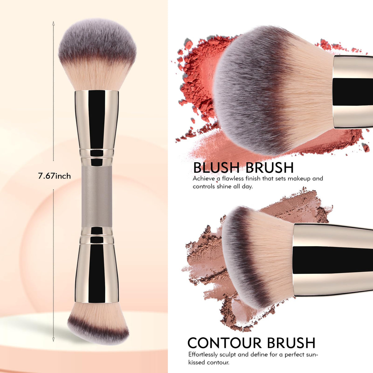 Dual-Ended Foundation Brush: Round & Angled makeup brushes, 100% Vegan Synthetic Makeup Brush for Flawless Blending and Application of Liquid, Powder, Cream, Blush