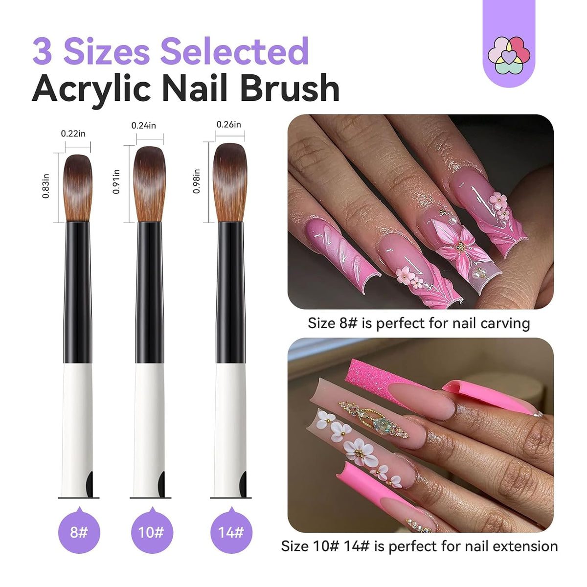 SAVILAND 3PCS Acrylic Nail Brush Set Size 8/10/14 Black & White