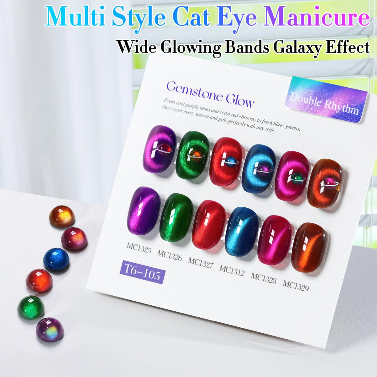 Double Rhythm Cat Eye Gel Nail Polish Set of 6 Same Color Same Bottle 0.5 Oz Shimmer Glitter with Magnet Holographic Magnetic UV Nail Polish Kit (Blush Fuchsia Magenta Purple Violet Lavender -T6-107)