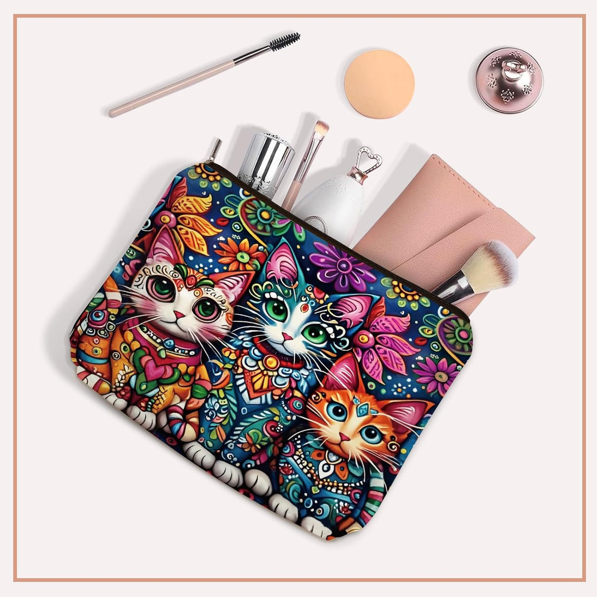 Bohemian Cat Mom Makeup Bag For Women & Teen Girl Cat Lover Gifts. Cute Boho Cats Themed Cosmetic & Toiletry Organizer Pouch For Daughters, Sisters, Friends.Ideal Gift For Travel, Christmas.