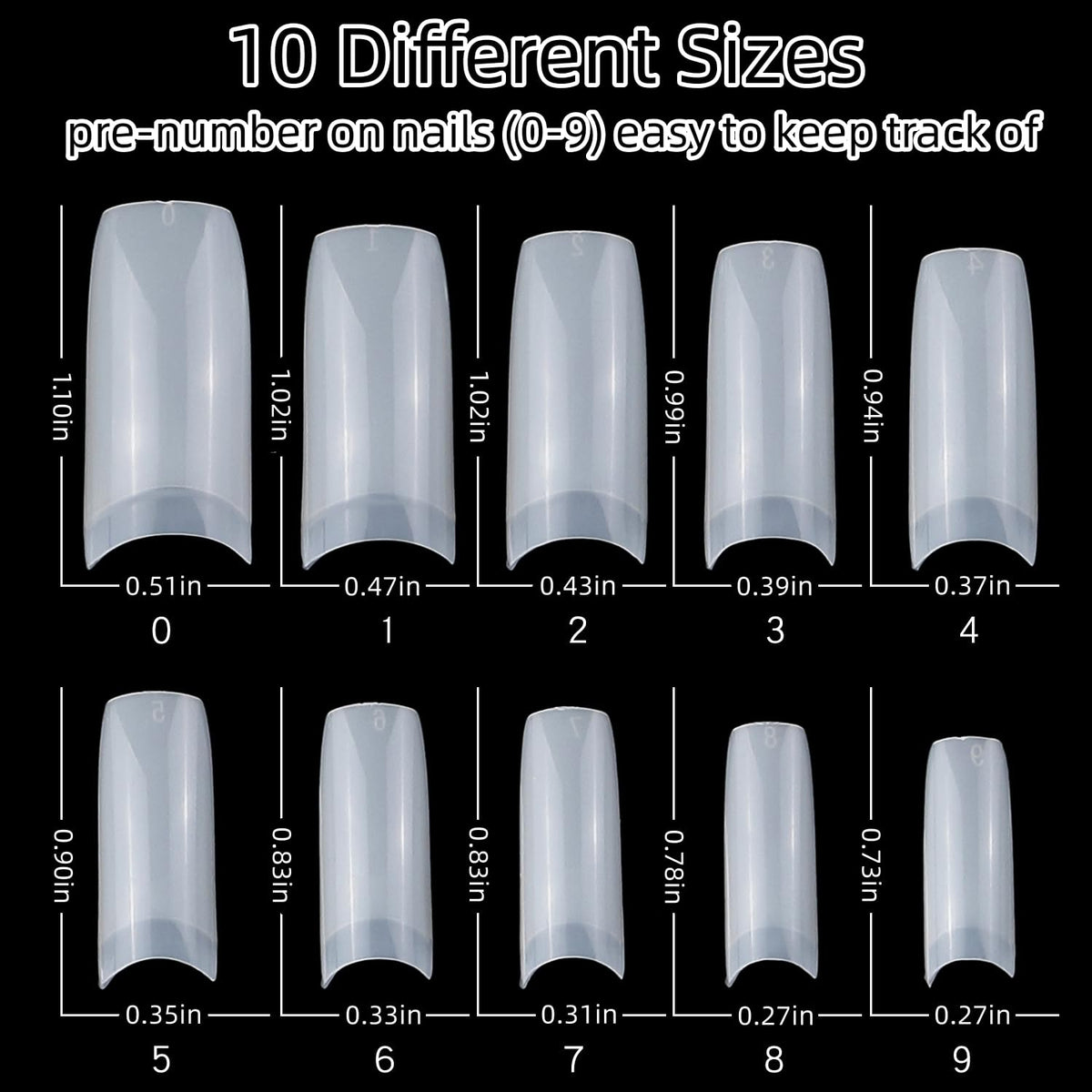 1000pcs Clear and Natural Acrylic Nail Tips,10 Size French Nail Tips For Acrylic Nails Half Cover False Nails Extension Artificial Fingernails
