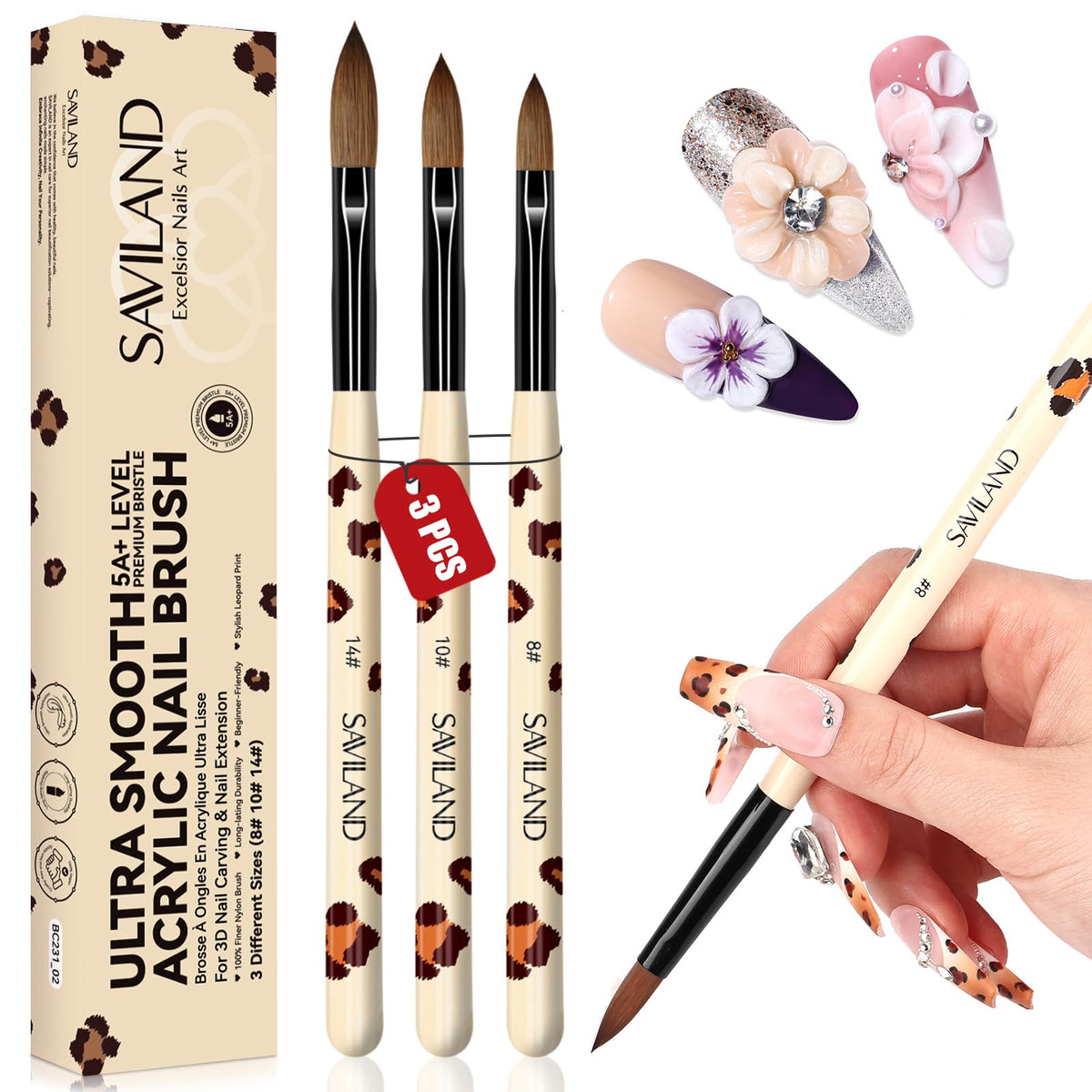 SAVILAND 3PCS Acrylic Nail Brush Set Size 8/10/14 Black & White