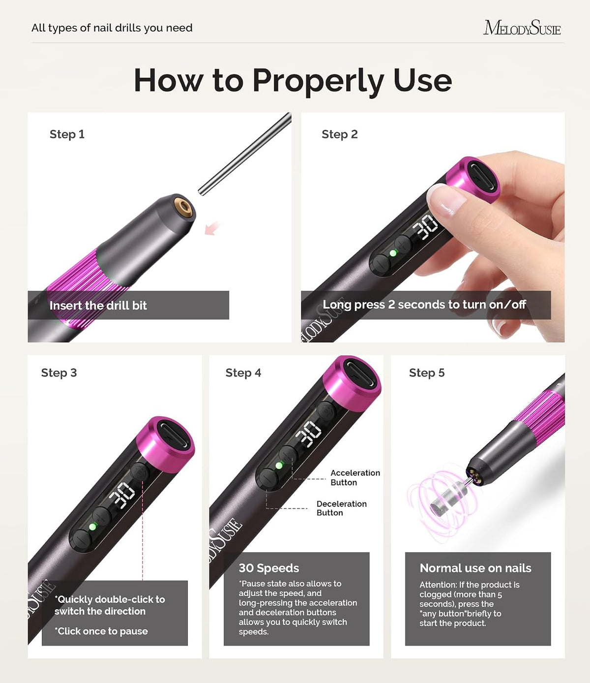 MelodySusie Pen-Shaped Cordless Nail Drill 30,000RPM PM180G for Nail Artist