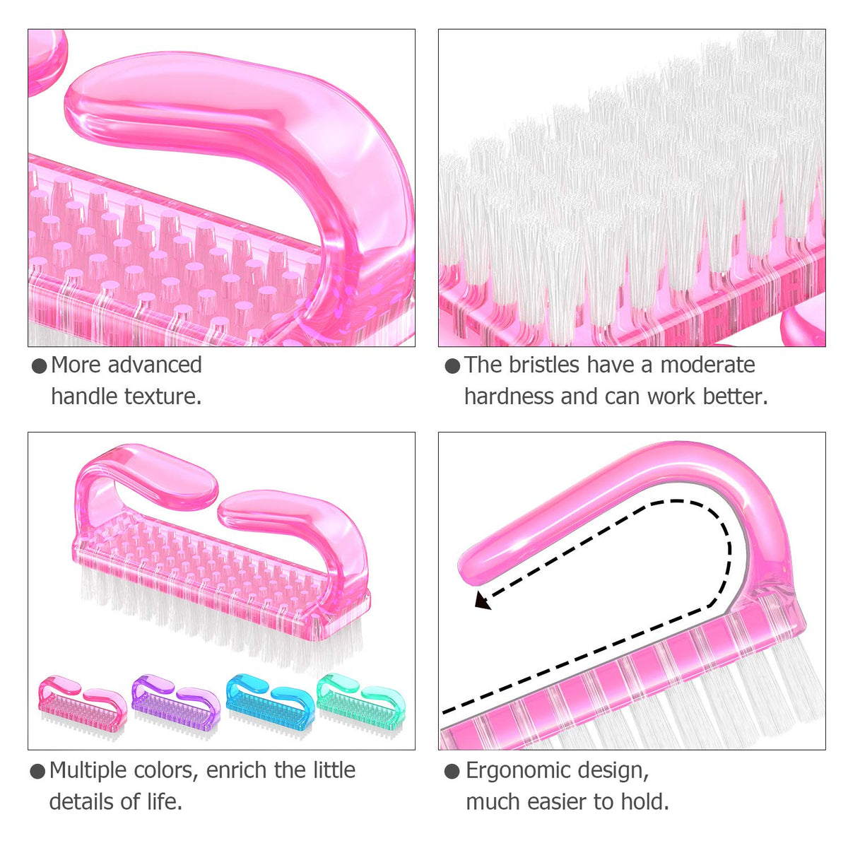 Larbois Handle Grip Nail Brush, Nail Brushes Hand Fingernail Brush Cleaner Scrubbing Kit Pedicure for Toes and Nails Men Women (4 Pack)