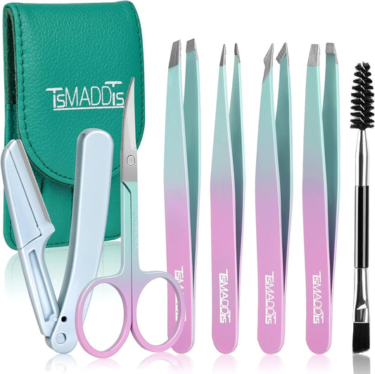 TsMADDTs 7 pcs Tweezers for Women Facial Hair, Precision Tweezer Set for Eyebrows with Curved Scissor and Eyebrow Razor for Ingrown Hair