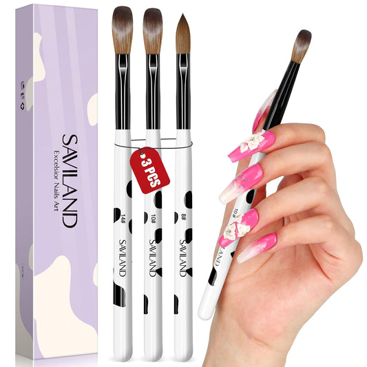 SAVILAND 3PCS Acrylic Nail Brush Set Size 8/10/14 Black & White