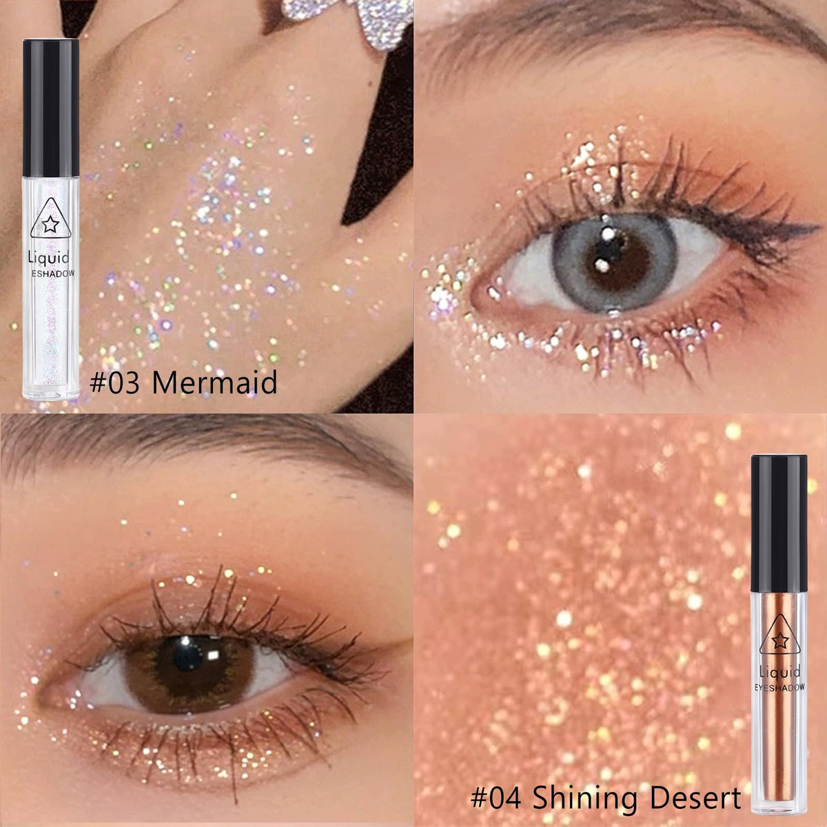 6Pcs Liquid Glitter Eyeshadow Eyeliner, Korean Makeup, Bling Under Eye Shadow, Shimmer Eye Make Up Valentine's Gift Set,Long Lasting,Quick Drying & Pigmented Loose Glitter Glue for Crystals Makeup