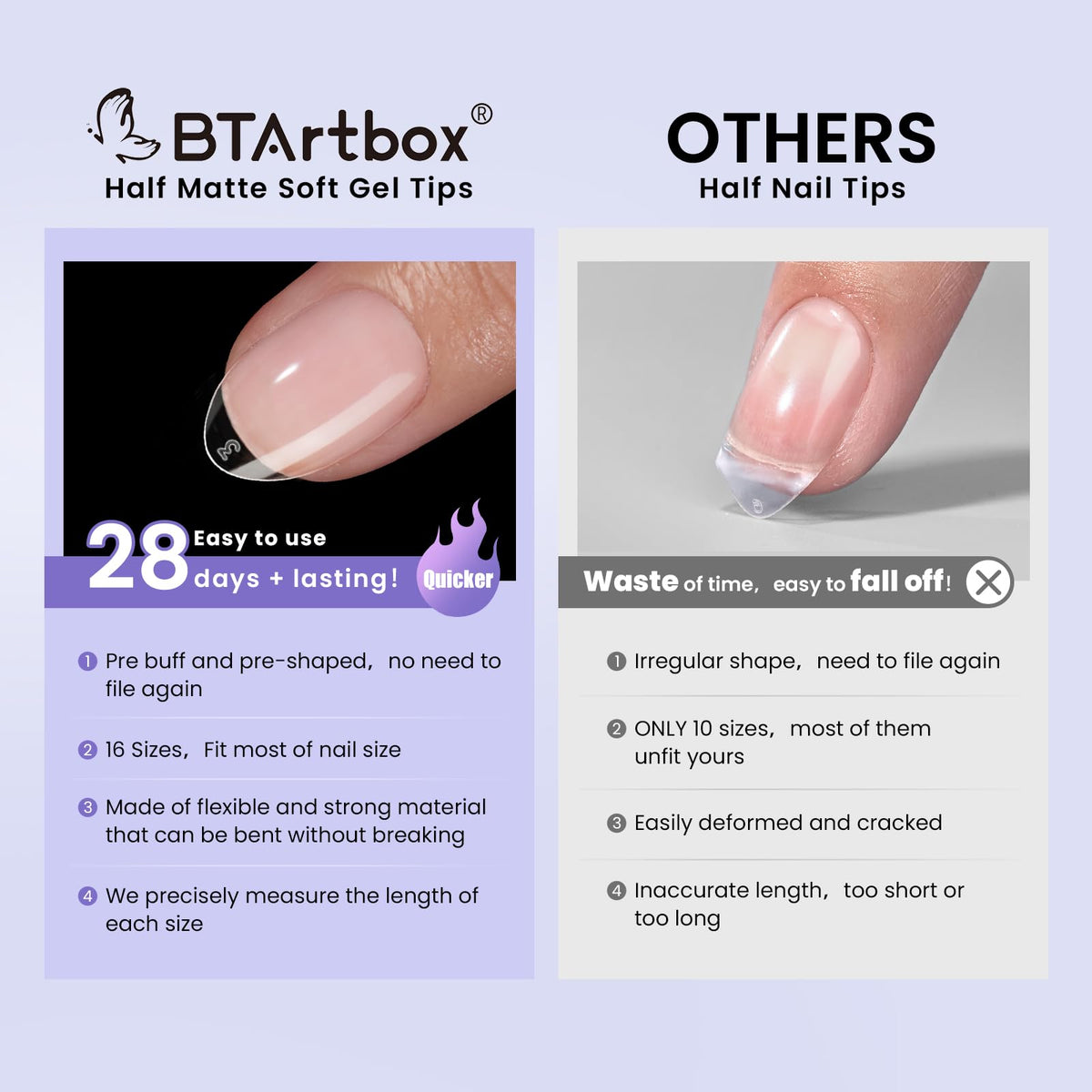 BTArtbox Half Cover Clear Fake Nails with Case, Long Square, 500 Pcs
