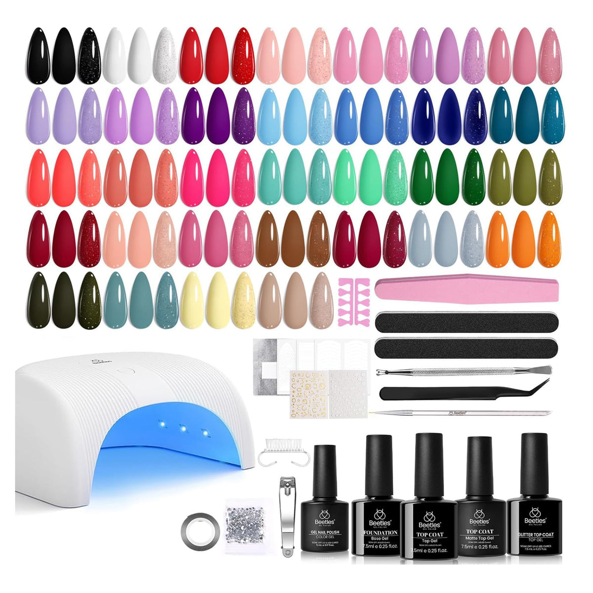 Beetles Gel Nail Polish Set, 63 PCS 55 Colors Gel Polish Kit with Base Coat