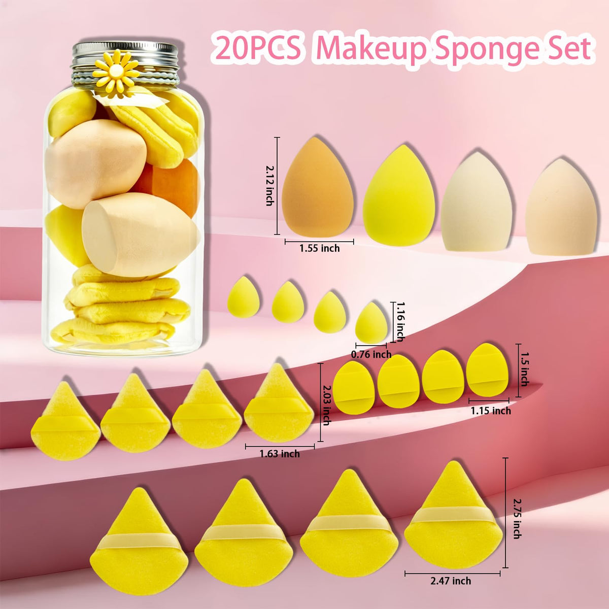 20PCS Makeup Sponge Set With Storage Jar, Wet & Dry Dual Use Beauty Blenders, Triangle Powder Puffs & Mini Finger Puffs,Soft Latex Free Sponges for Liquid, Cream, Powder And Concealer（Blue）