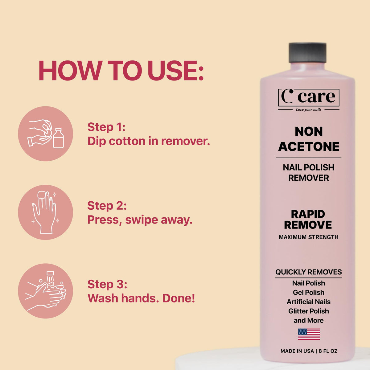 100% Pure Acetone Nail Polish Remover | Professional Quality | Easy To Use | Rapidly Removes Natural, Gel, Acrylic, shellac, and Glitter Nails | 8 Fl oz