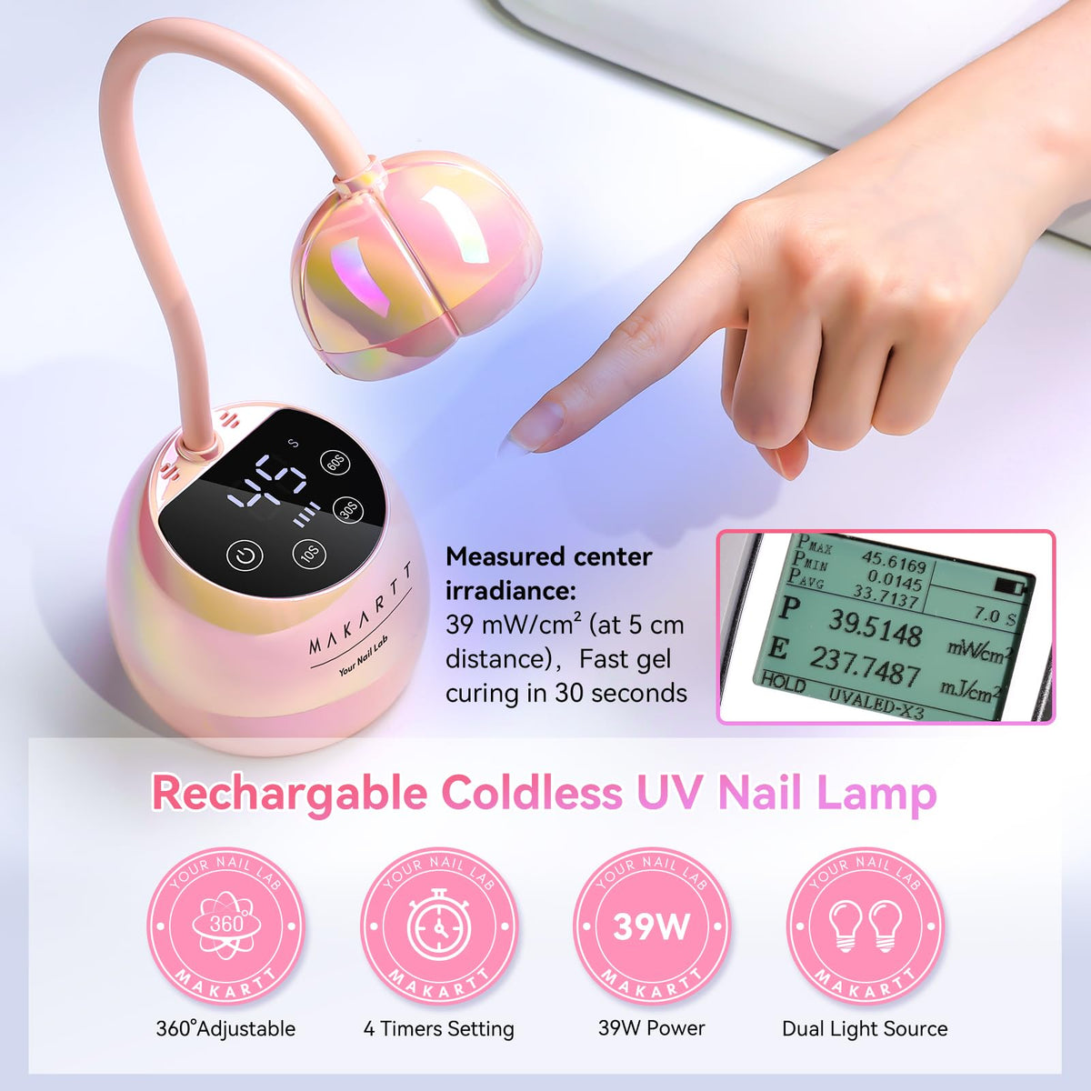 Makartt Cordless Gooseneck UV Nail Lamp for Gel-X Nails, Flash Cure