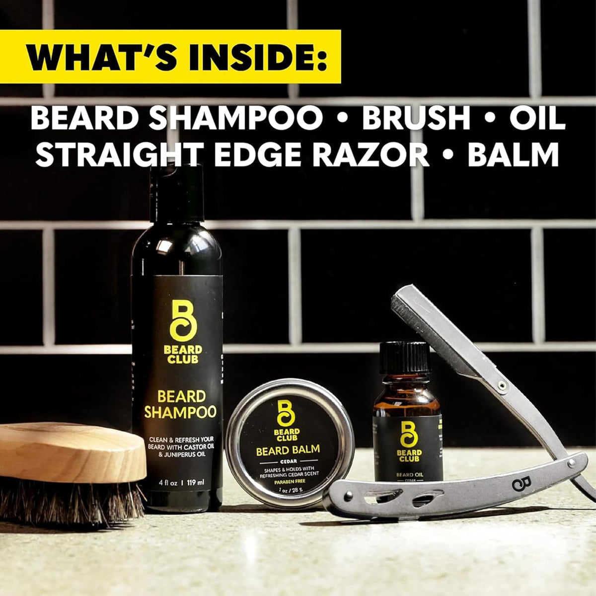 The Beard Club Premium Beard Kit for Men - Grooming & Care Kit - Cedar & Sandalwood Oil, Sandalwood Balm, Shampoo, Brush, Comb, Trimming Scissors, Straight Edge Razor - Gift Set