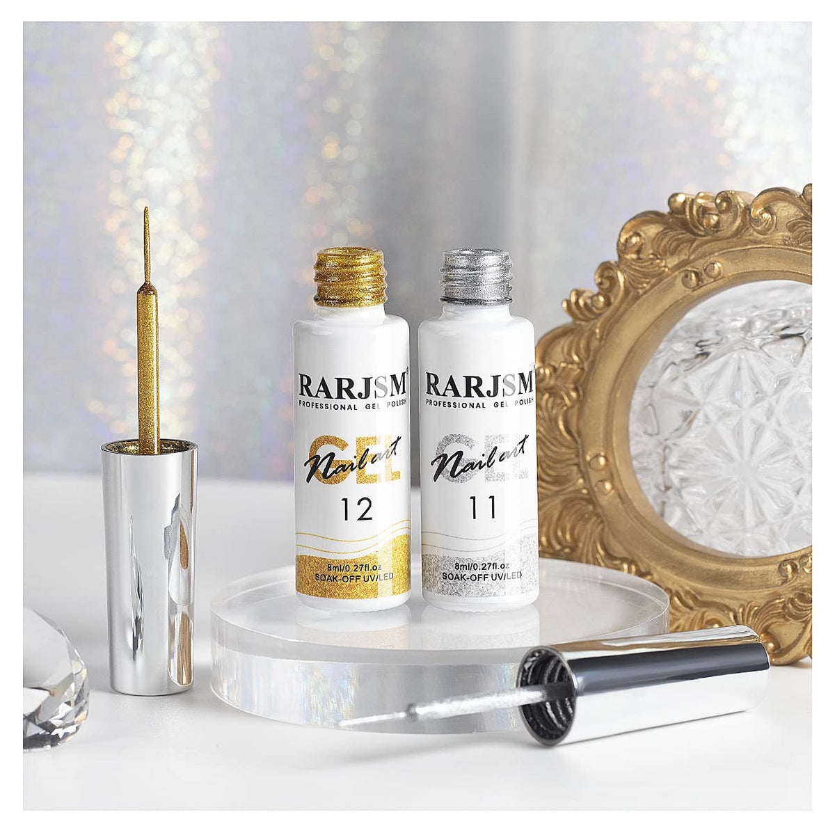RARJSM Metallic Gel Liner Nail Art Silver Bronze Gold 2pcs Set Mirror Chrome 3D Effect Gel Nail Polish 8ml Build in Thin Brush Metal Painted Drawing Stripper Gelpolish Curing Requires for Home Salon