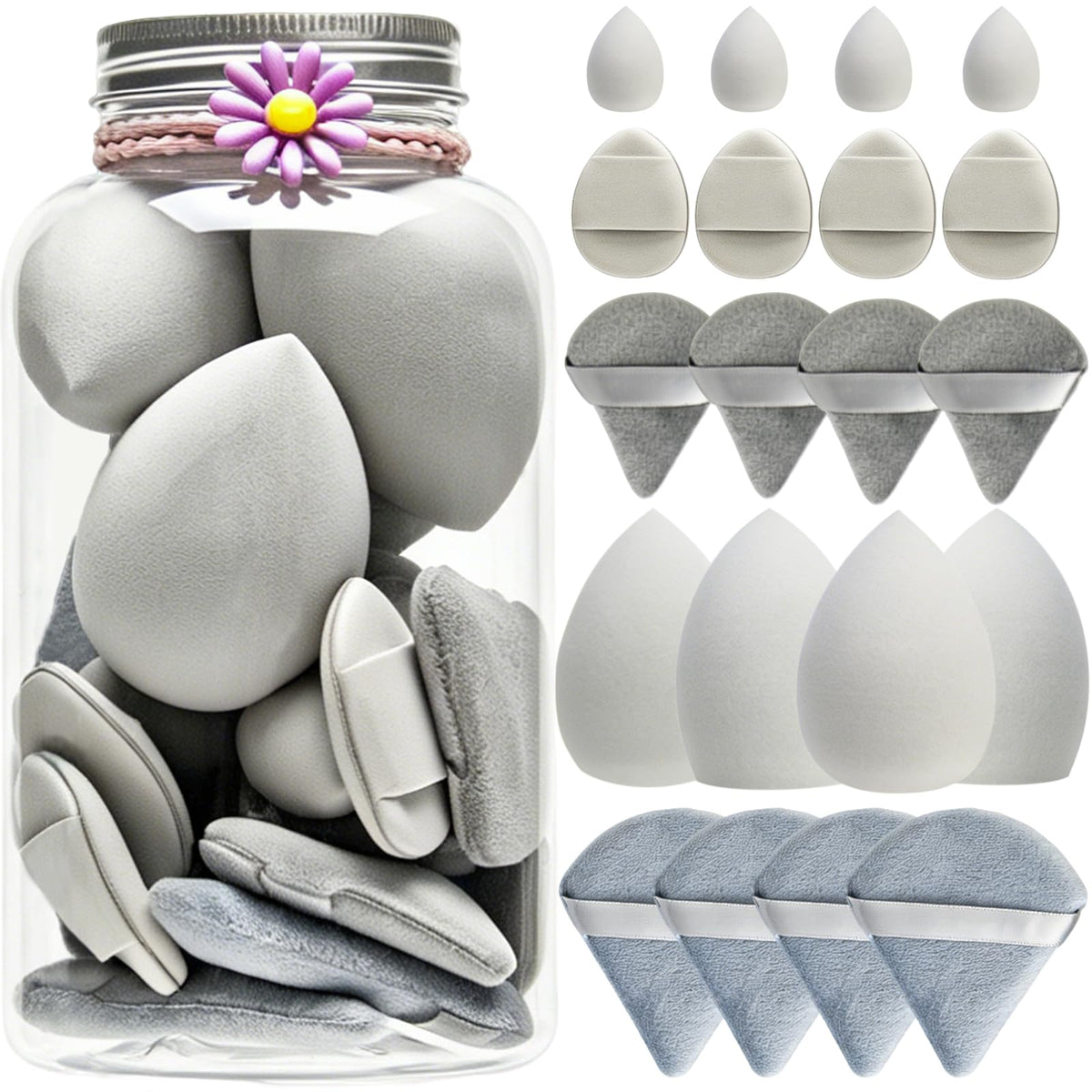 20PCS Makeup Sponge Set With Storage Jar, Wet & Dry Dual Use Beauty Blenders, Triangle Powder Puffs & Mini Finger Puffs,Soft Latex Free Sponges for Liquid, Cream, Powder And Concealer（Blue）