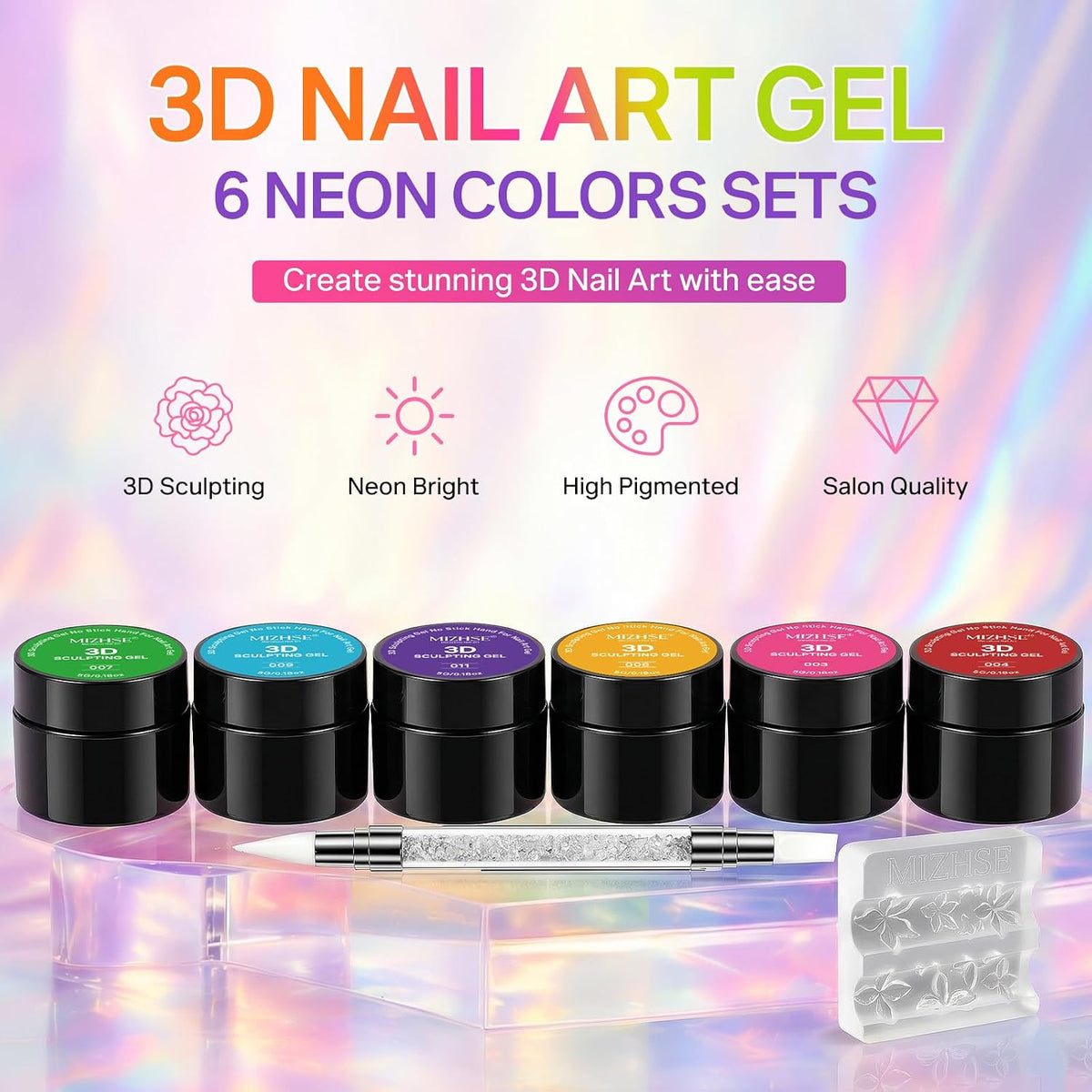 MIZHSE 3D Nail Scupting Gel for Nail Art, 6PCS Neon Colors Non-sticky