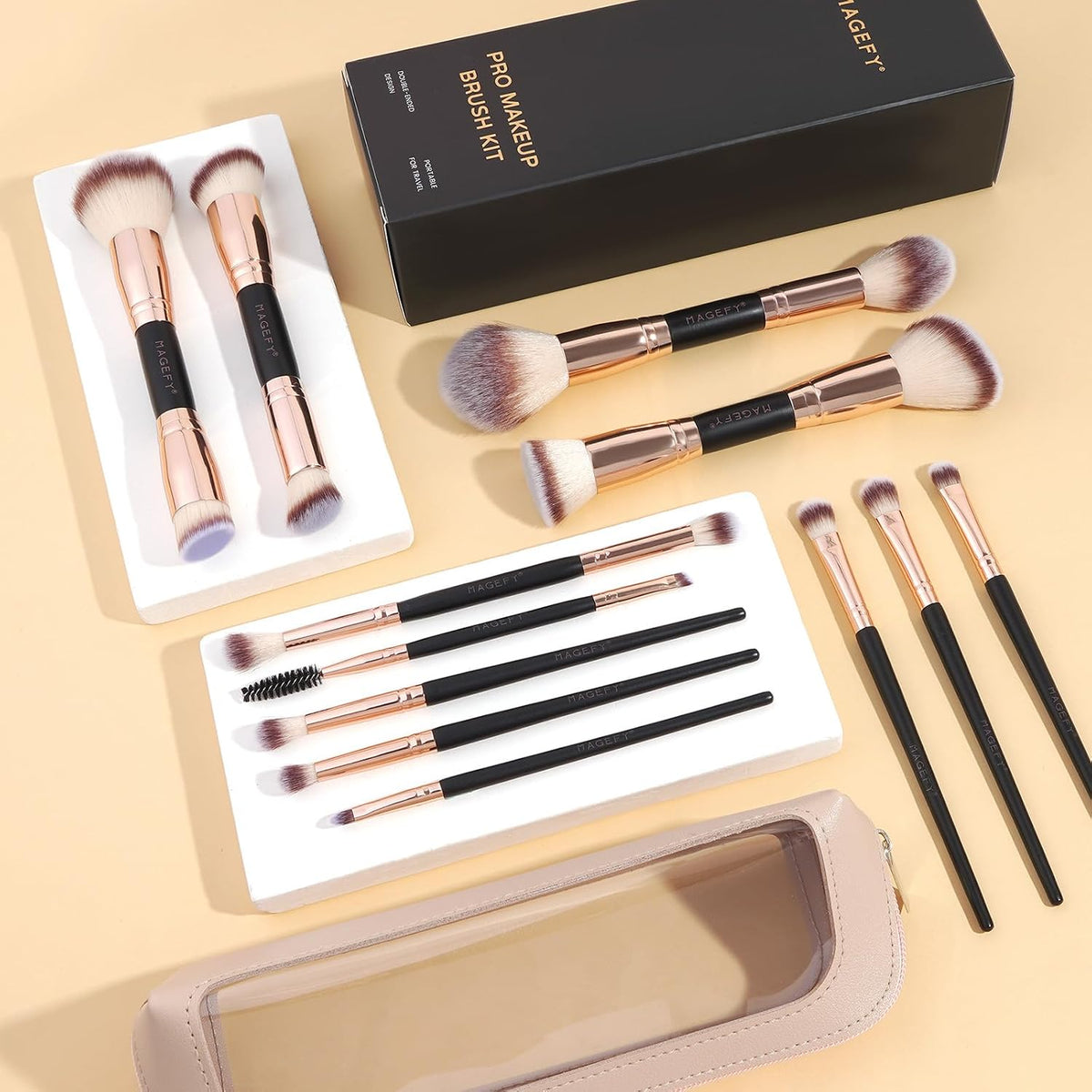 MAGEFY Makeup Brushes 12Pcs with Bag, Double-End Multi-functional for Foundation Powder Blush Eyeliner Eyeshadows brushes with Gift Box,Blackgold