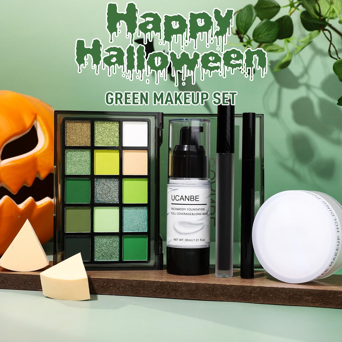 UCANBE Halloween Makeup Kit – 15-Color Purple Eyeshadow Palette, White Liquid Foundation, Purple Liquid Lipstick, Black Eyeliner, Setting Powder & Sponges Makeup Set for Cosplay Witch Devil Sorceress