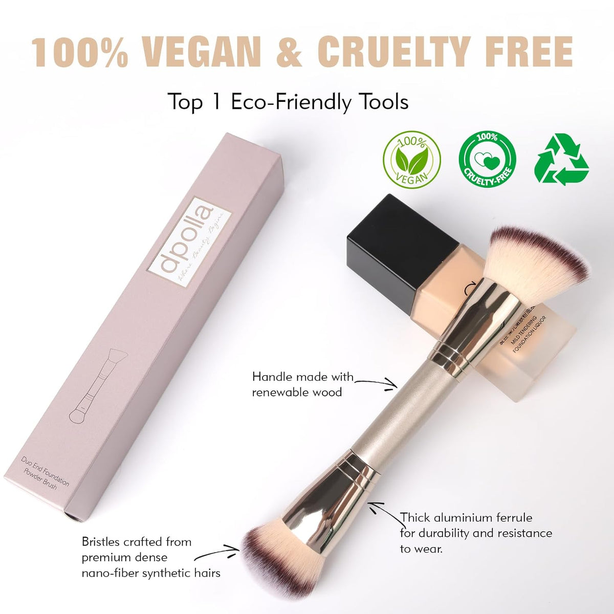 Dual-Ended Foundation Brush: Round & Angled makeup brushes, 100% Vegan Synthetic Makeup Brush for Flawless Blending and Application of Liquid, Powder, Cream, Blush