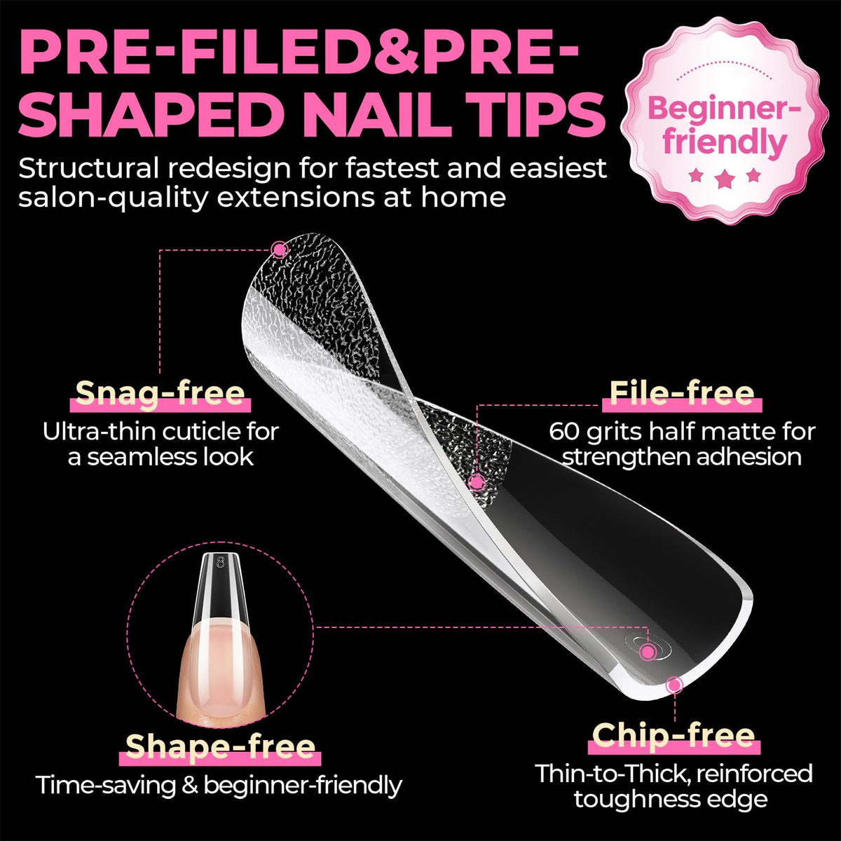 UNA GELLA Almond Gel Nail Tips 504PCS Pre-Etched Clear Fake Nails Tips