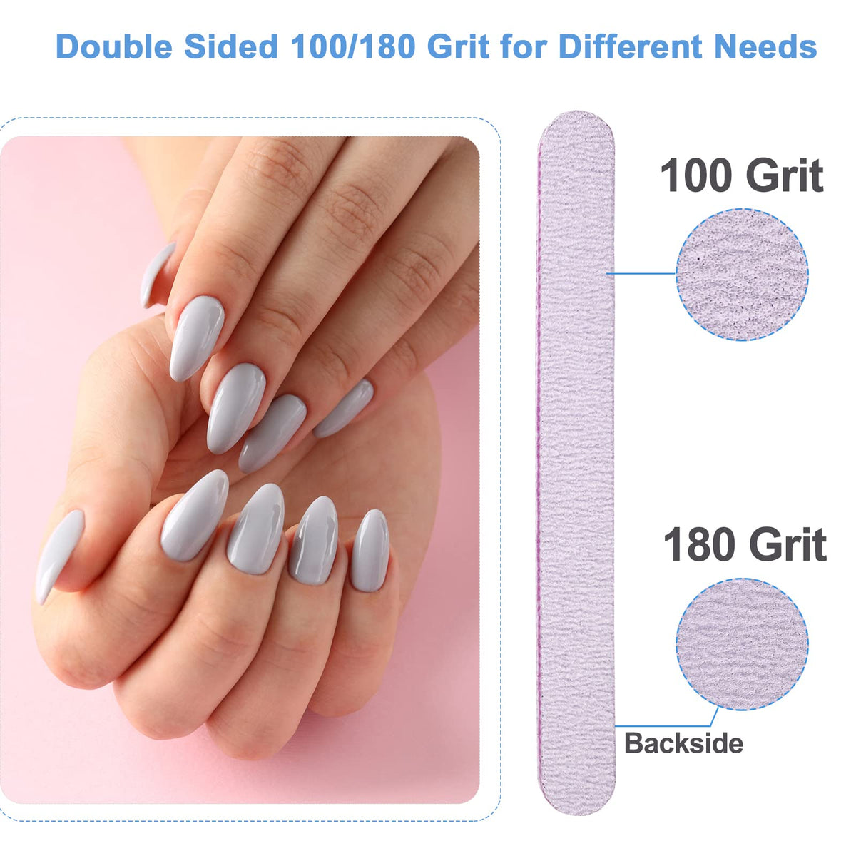 50 Pcs Nail File, Emery Board Nail Files for Acrylic Nails and Natural Nails, 100/180 Grit Double Sided Fingernail File Gel Nail Professional Reusable Washable Manicure Pedicure Kit Set Gray
