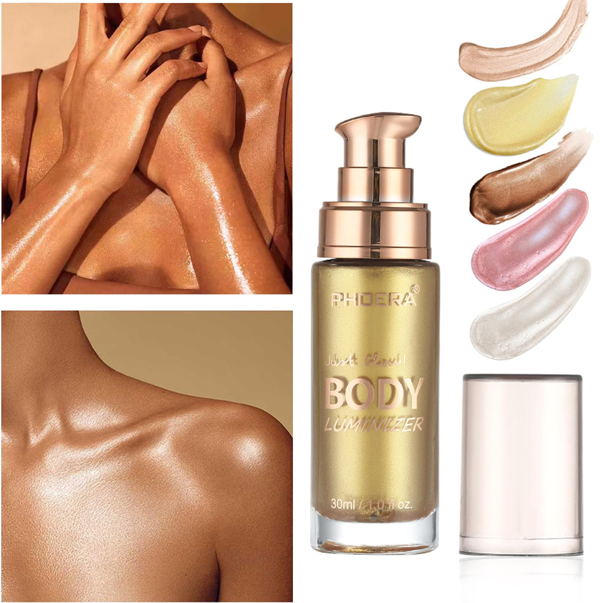 Body Shimmer Oil, Rose Gold Natural Glow Luminizer, Brush Include, 1oz