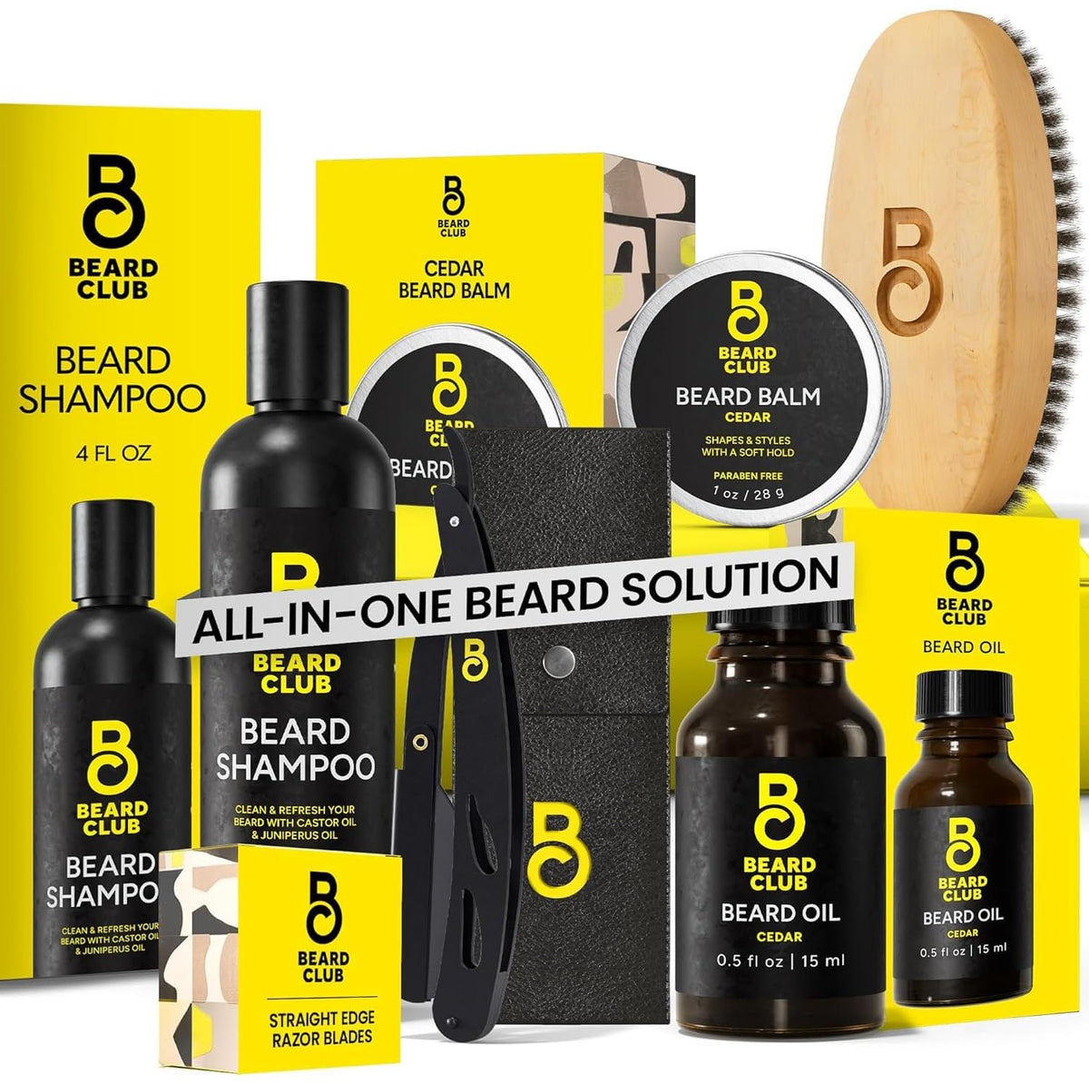 The Beard Club Premium Beard Kit for Men - Grooming & Care Kit - Cedar & Sandalwood Oil, Sandalwood Balm, Shampoo, Brush, Comb, Trimming Scissors, Straight Edge Razor - Gift Set