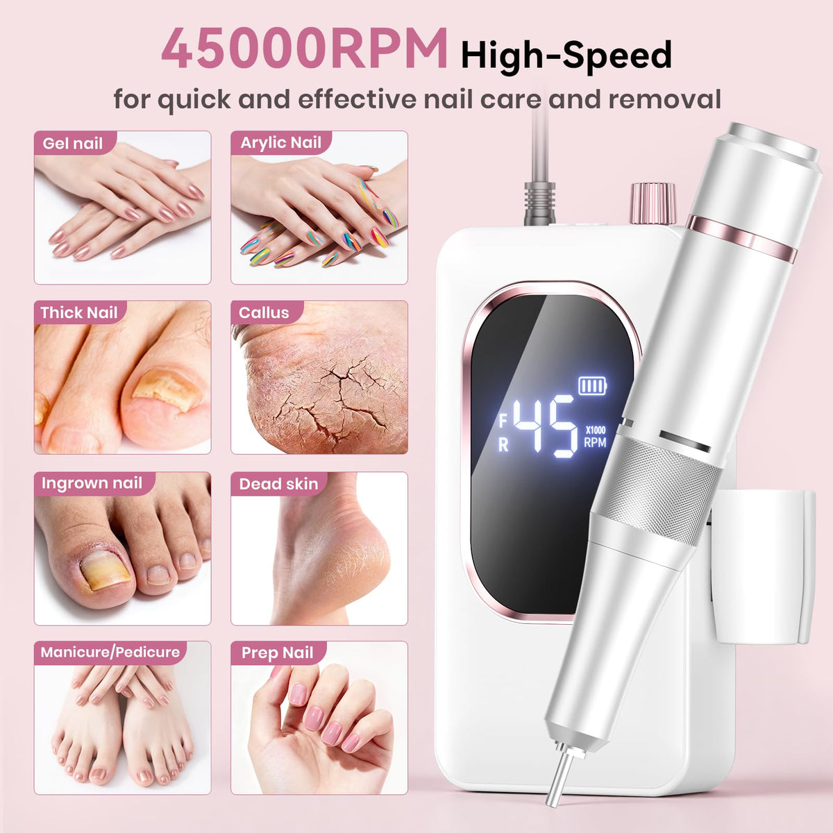Hoxida Professional Nail Drill 45000RPM,Electric Nail File with LCD Display