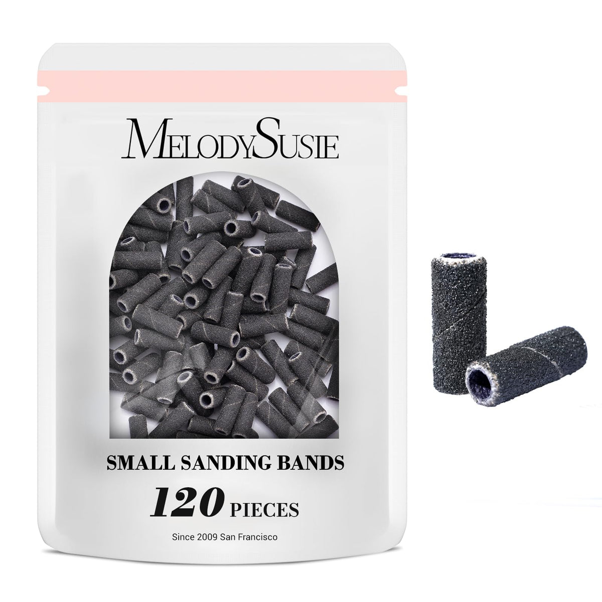 MelodySusie 120 Pcs Nail Drill Bits Small Sanding Bands for 3.1mm Mandrel Bit, 180 Fine Grit Nail File for Acrylic Nails Gel Manicures and Pedicure, Pink (Only Sanding Bands)