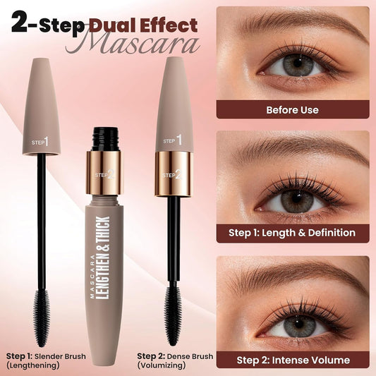 DUDUDU 2-in-1 Mascara and Eyeliner Set, Black Waterproof Volumizing and Lengthening Mascara, Ideal for Older Women 60 Plus & Sparse Lashes, 24HR Smudge-Proof Gentle Lash Extension Kit
