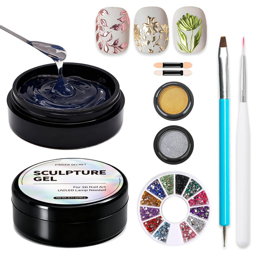 3D Sculpting Gel Kit – 2×20g Nail Art Gels with Dual Pens, Gold & Silver Chrome Powders, Brushes & Rhinestone Tray for DIY Nail Design at Home or Salon