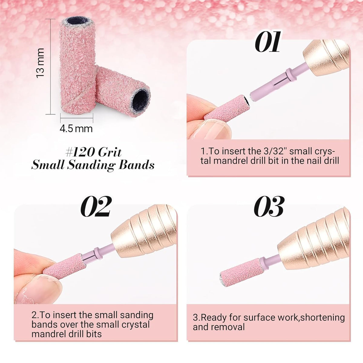 MelodySusie 120 Pcs Nail Drill Bits Small Sanding Bands for 3.1mm Mandrel Bit, 180 Fine Grit Nail File for Acrylic Nails Gel Manicures and Pedicure, Pink (Only Sanding Bands)