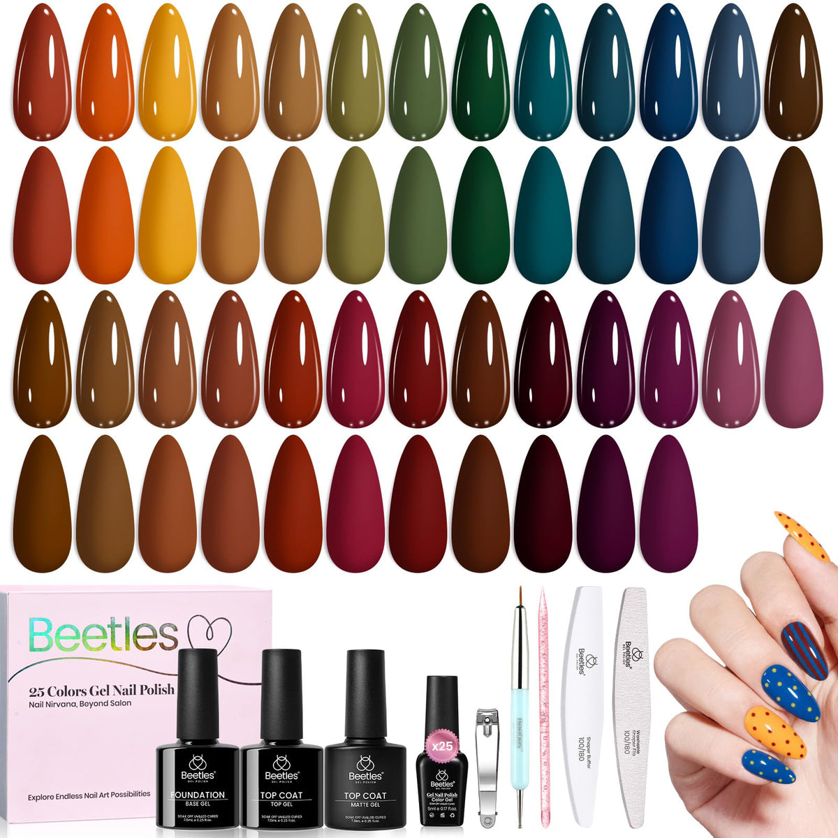 Beetles Gel Nail Polish Set, 63 PCS 55 Colors Gel Polish Kit with Base Coat