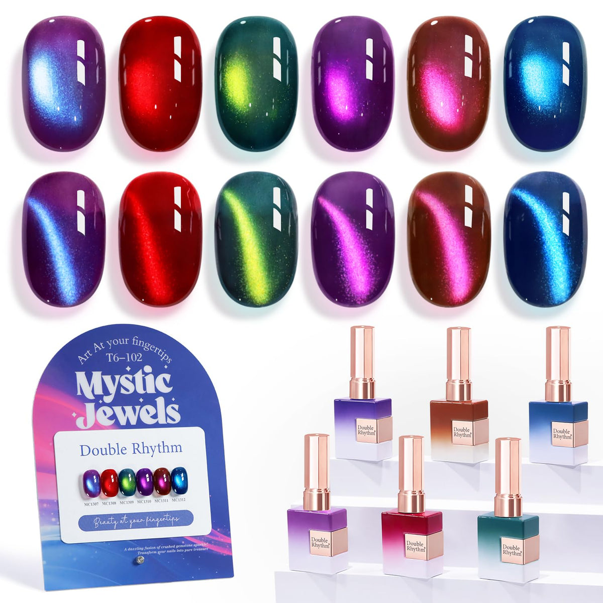 Double Rhythm Cat Eye Gel Nail Polish Set of 6 Same Color Same Bottle 0.5 Oz Shimmer Glitter with Magnet Holographic Magnetic UV Nail Polish Kit (Blush Fuchsia Magenta Purple Violet Lavender -T6-107)