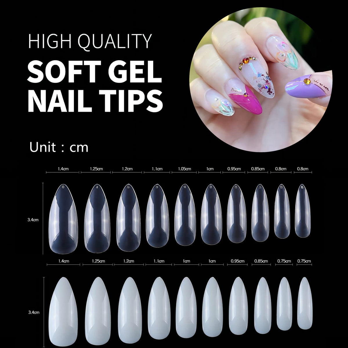 1000pcs Clear and Natural Acrylic Nail Tips,10 Size French Nail Tips For Acrylic Nails Half Cover False Nails Extension Artificial Fingernails