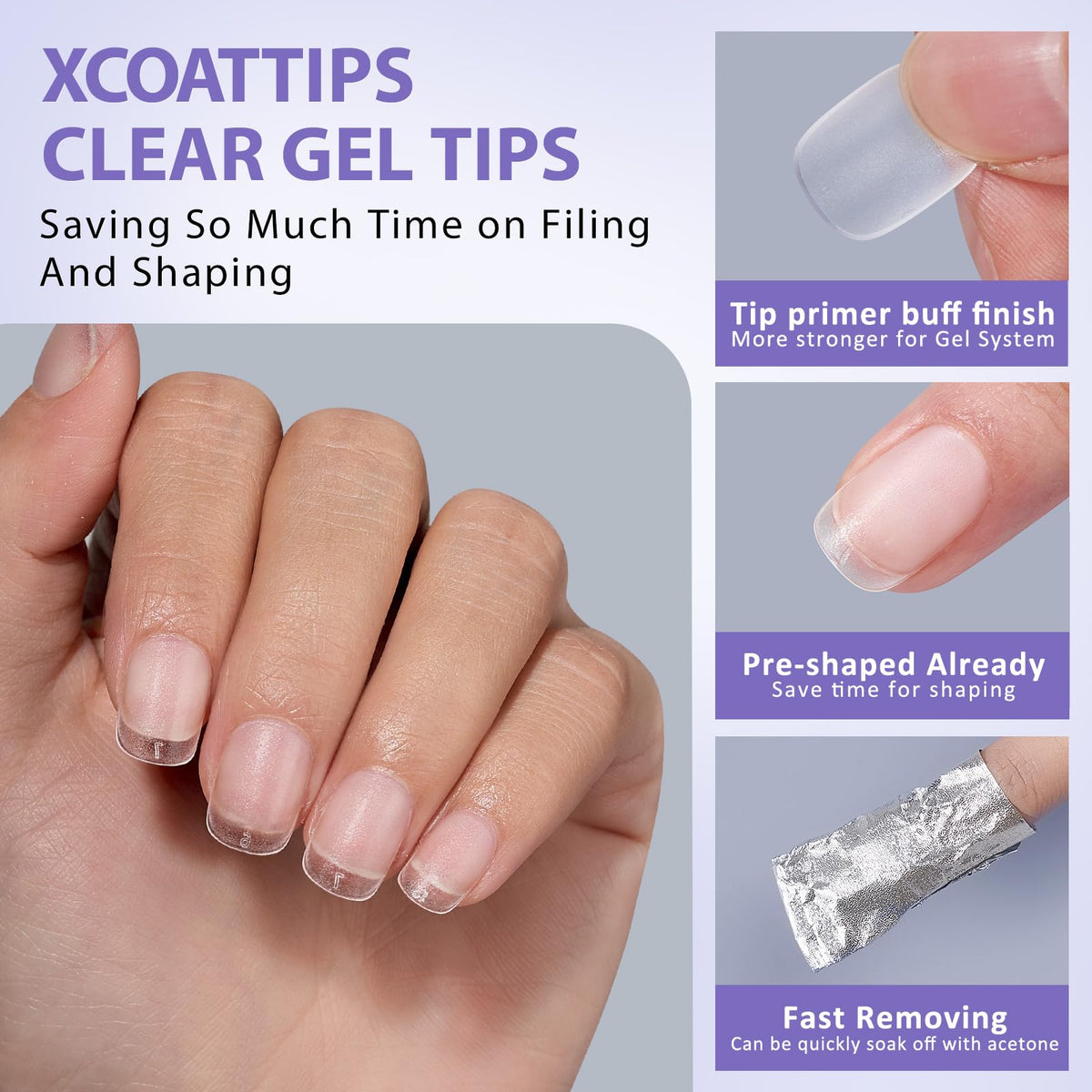 BTArtbox Half Cover Clear Fake Nails with Case, Long Square, 500 Pcs