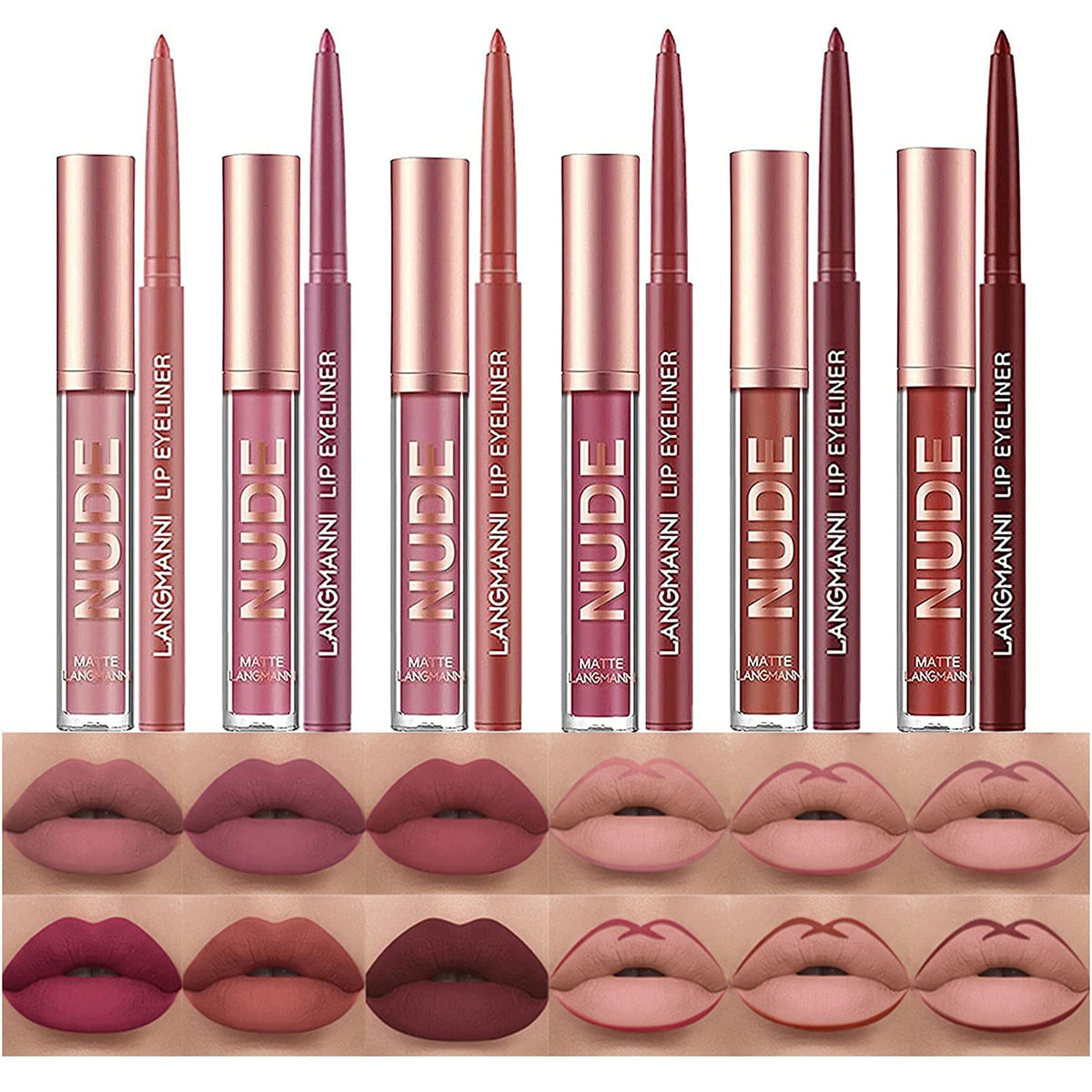 12Pcs Matte Liquid Lipstick and Lip Liner Set, Lip Makeup Combo (Set A)