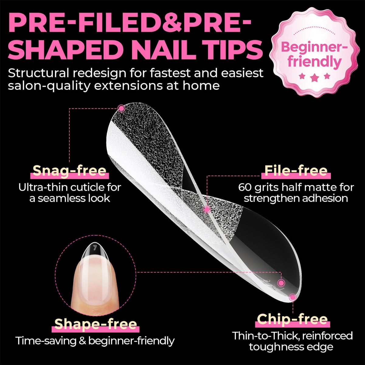 UNA GELLA Almond Gel Nail Tips 504PCS Pre-Etched Clear Fake Nails Tips