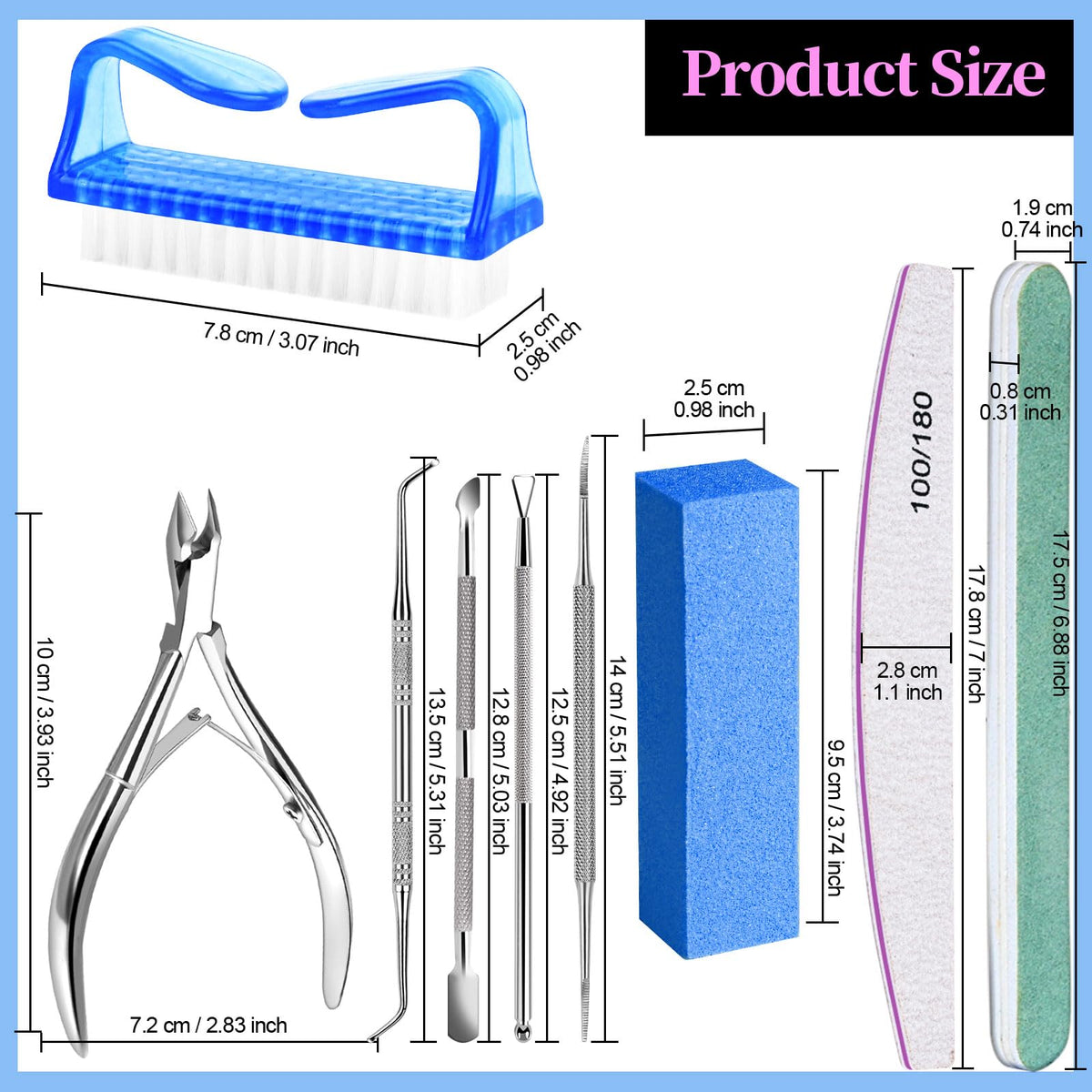 FANDAMEI Nail Care Kit, Nail Files 100/180, Nail Buffer Block, Cuticle Nippers, Cuticle Trimmer, Cuticle Pusher, Nail Tools, Nail Kit, Pedicure & Manicure Tools, Nail Prep Kit, Manicure Kit for Women