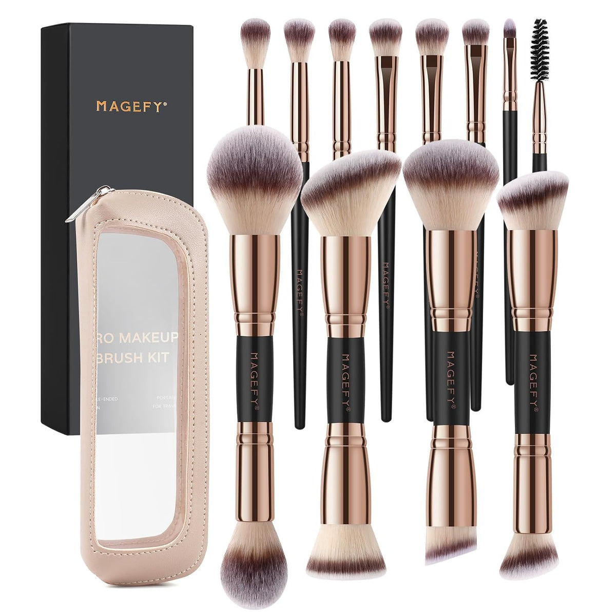 MAGEFY Makeup Brushes 12Pcs with Bag, Double-End Multi-functional for Foundation Powder Blush Eyeliner Eyeshadows brushes with Gift Box,Blackgold