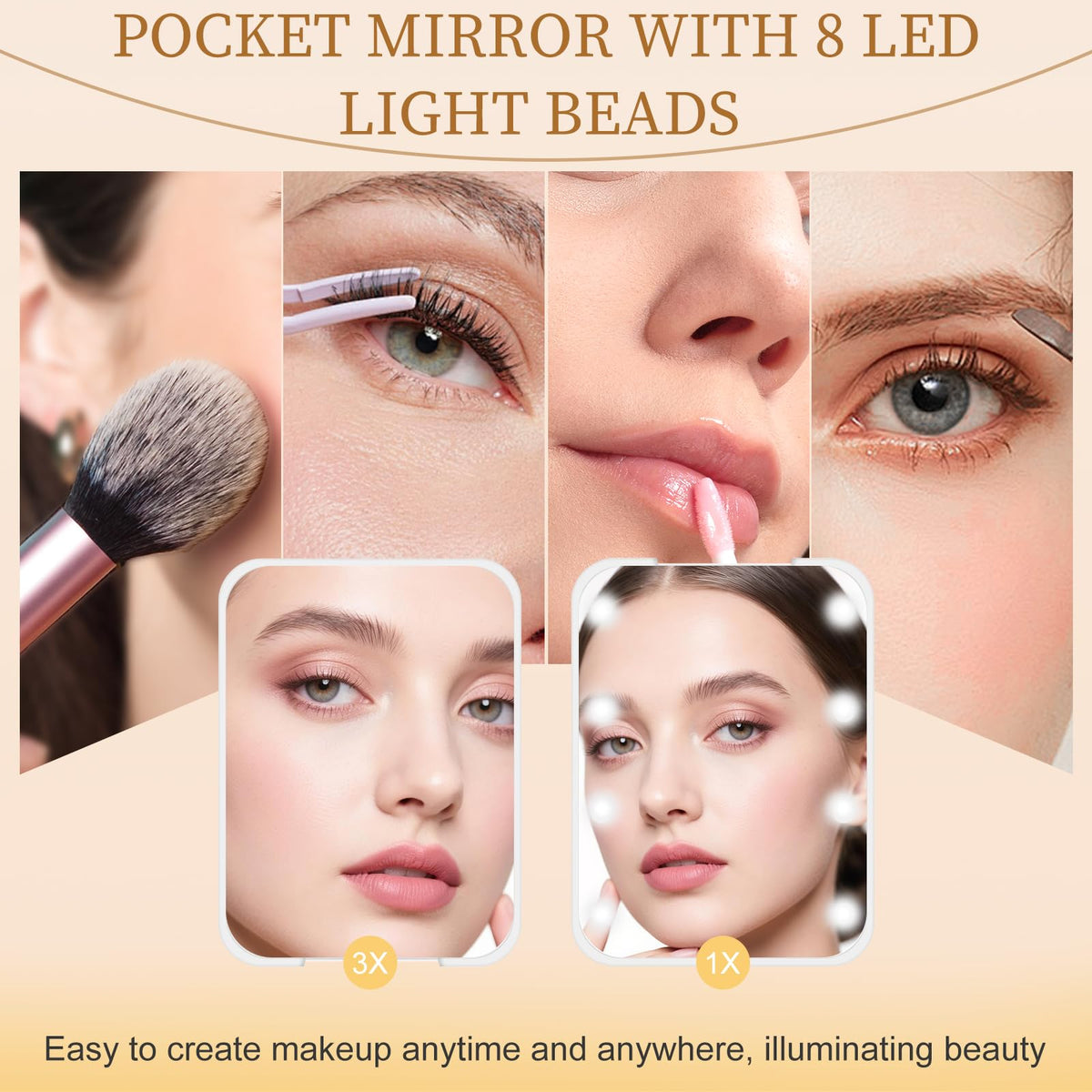 Compact Mirror with Light, 1X/3X Magnification LED Pocket Mirror for Women
