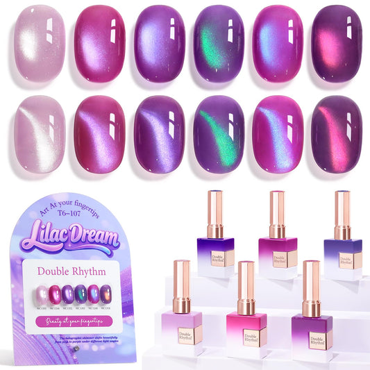Double Rhythm Cat Eye Gel Nail Polish Set of 6 Same Color Same Bottle 0.5 Oz Shimmer Glitter with Magnet Holographic Magnetic UV Nail Polish Kit (Blush Fuchsia Magenta Purple Violet Lavender -T6-107)