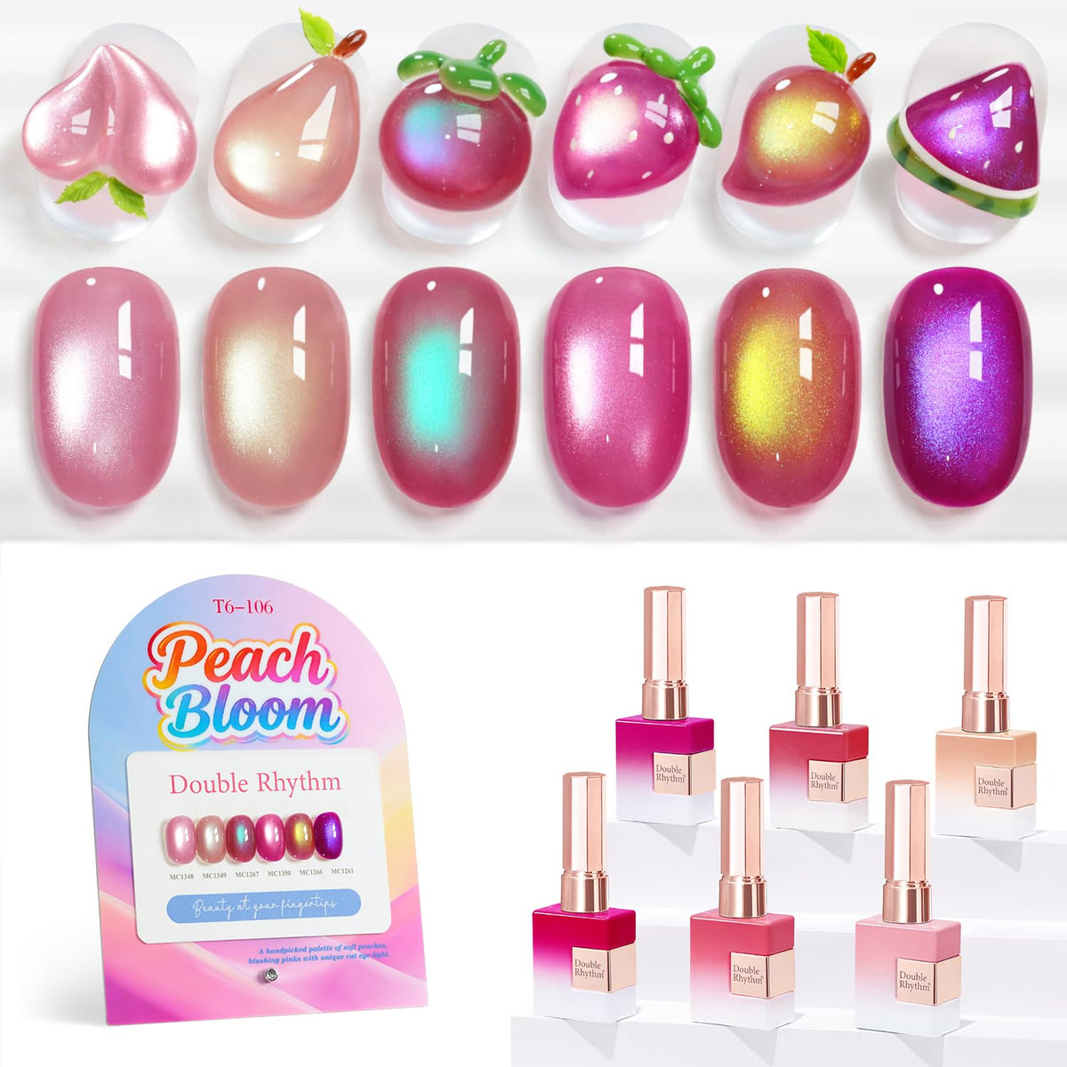 Double Rhythm Cat Eye Gel Nail Polish Set of 6 Same Color Same Bottle 0.5 Oz Shimmer Glitter with Magnet Holographic Magnetic UV Nail Polish Kit (Blush Fuchsia Magenta Purple Violet Lavender -T6-107)