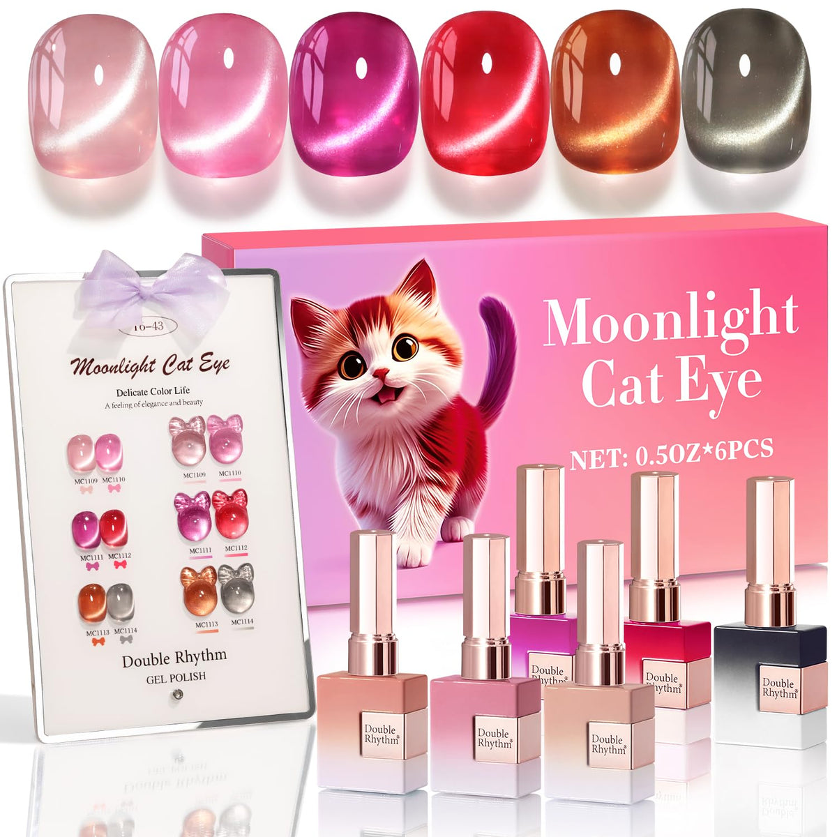 Double Rhythm Cat Eye Gel Nail Polish Set of 6 Same Color Same Bottle 0.5 Oz Shimmer Glitter with Magnet Holographic Magnetic UV Nail Polish Kit (Blush Fuchsia Magenta Purple Violet Lavender -T6-107)