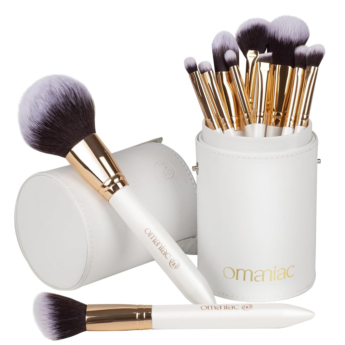OMANIAC Makeup Brush Set Professional, 12 Pearlescent Wood Handle Makeup Brushes, Premium Cruelty-Free Synthetic Fiber Hair, Travel Make up Brushes Set with Case (Black).