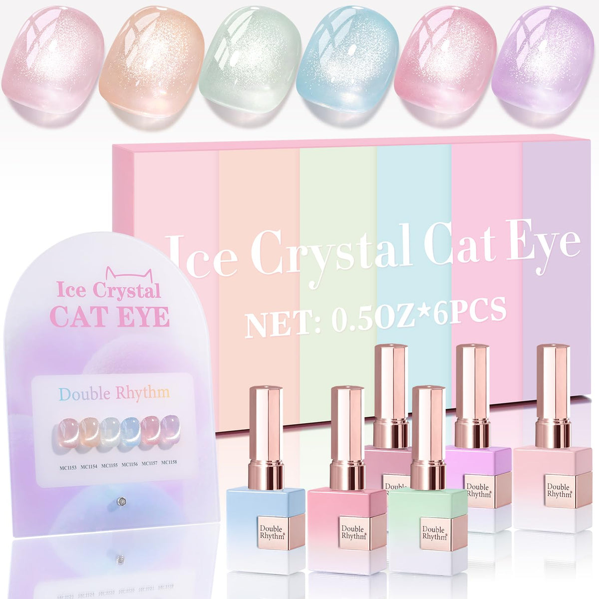 Double Rhythm Cat Eye Gel Nail Polish Set of 6 Same Color Same Bottle 0.5 Oz Shimmer Glitter with Magnet Holographic Magnetic UV Nail Polish Kit (Blush Fuchsia Magenta Purple Violet Lavender -T6-107)