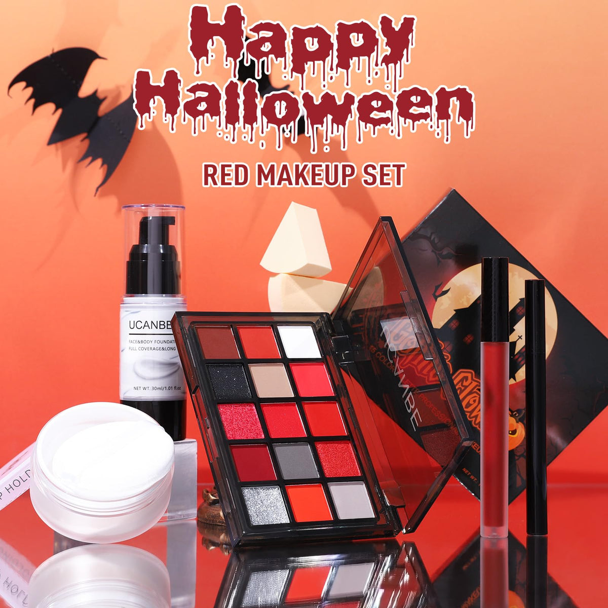 UCANBE Halloween Makeup Kit – 15-Color Purple Eyeshadow Palette, White Liquid Foundation, Purple Liquid Lipstick, Black Eyeliner, Setting Powder & Sponges Makeup Set for Cosplay Witch Devil Sorceress