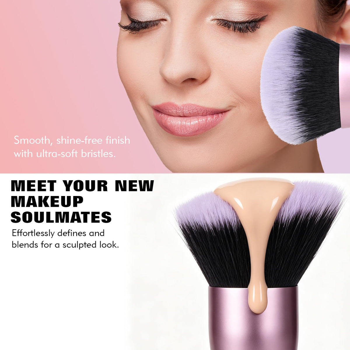 Dual-Ended Foundation Brush: Round & Angled makeup brushes, 100% Vegan Synthetic Makeup Brush for Flawless Blending and Application of Liquid, Powder, Cream, Blush