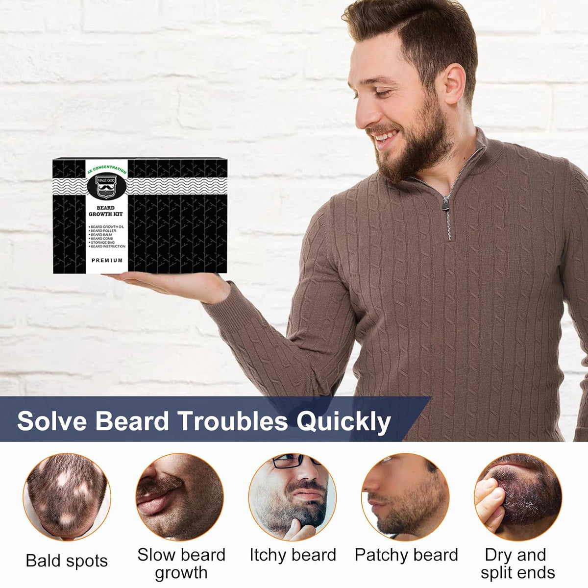 MALE GOD Beard Kit, Beard Growth Kit w/Natural Ingredients Beard Oil & Balm & Comb, Beard Growth Oil w/4X Thickening Biotin, Fathers Day | Chrismtas | Birthday Gifts for Men Him Husband Boyfriend Dad