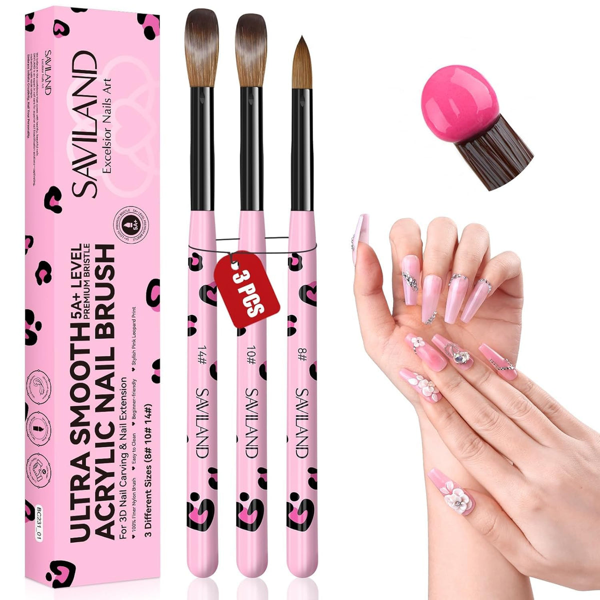 SAVILAND 3PCS Acrylic Nail Brush Set Size 8/10/14 Black & White